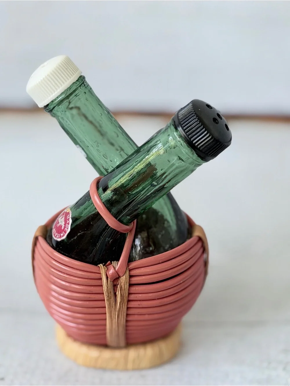 Handwoven Pink Wicker Salt & Pepper Bottle Holder